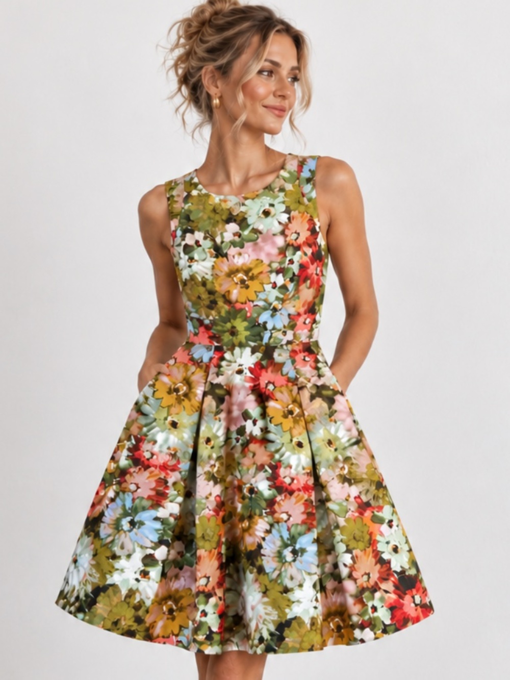 NEIMAN MARCUS Vibrant Floral Fit & Flare Cold Shoulder Pleated Cocktail Dress 4 - Picture 2 of 9